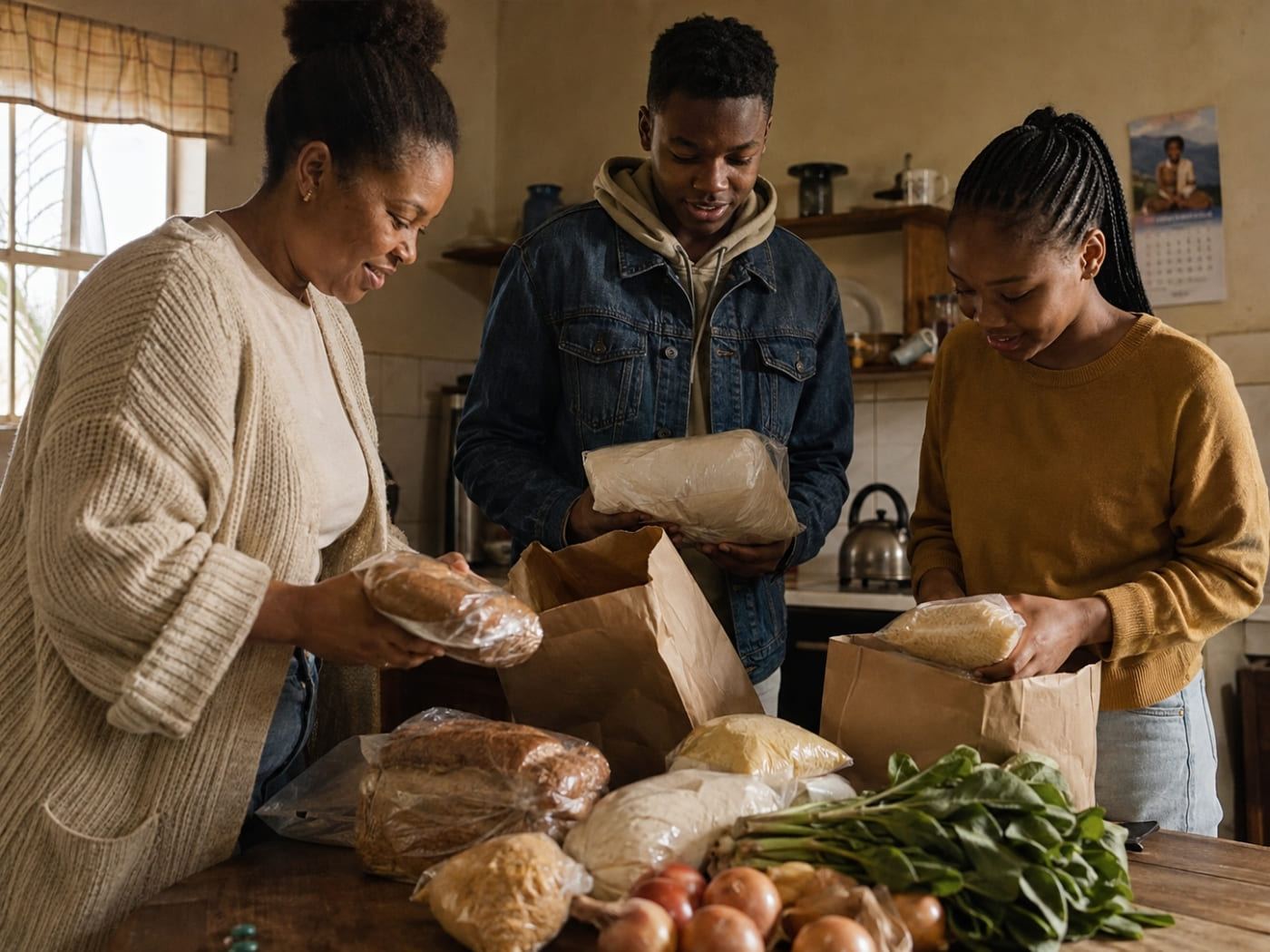 A family unpacking groceries at the kitchen table