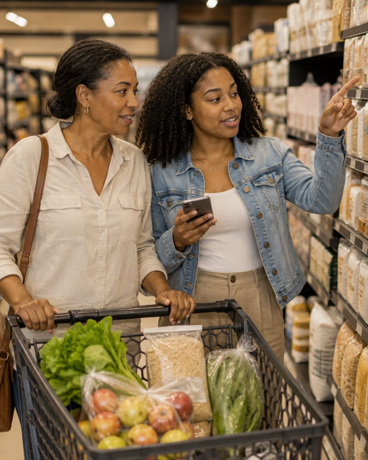 A mother and daughter choosing groceries together with their Ubuntu Rewards offers on a phone